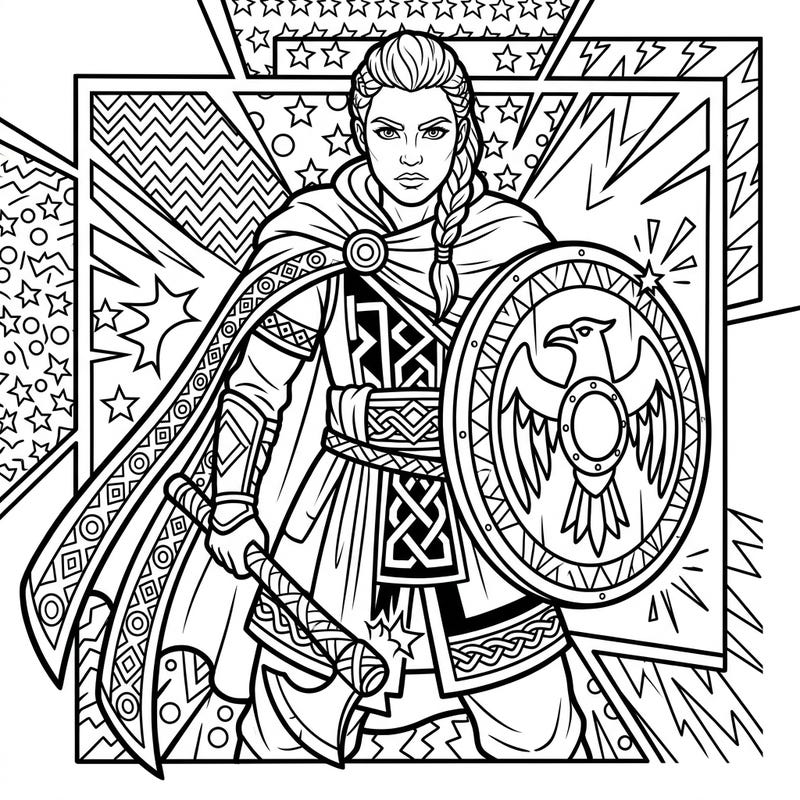 Prepare for battle and creativity with this striking Shieldmaiden coloring page, rendered in an exciting Pop Art style. Immerse yourself in the world of Norse warriors and bold comic book aesthetics as you bring this powerful heroine to life.