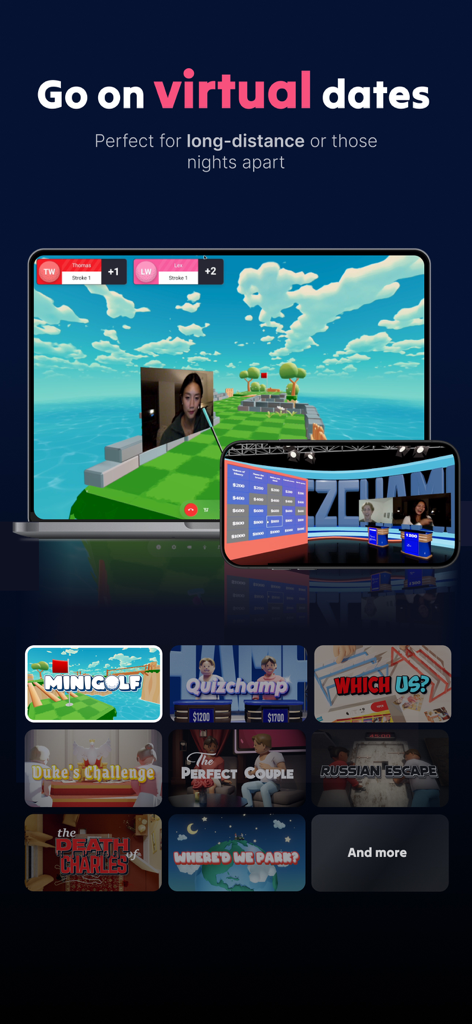 Lovedove: Relationship Builder - A smartphone and tablet showing virtual date games for couples like minigolf and quiz trivia during a video call.