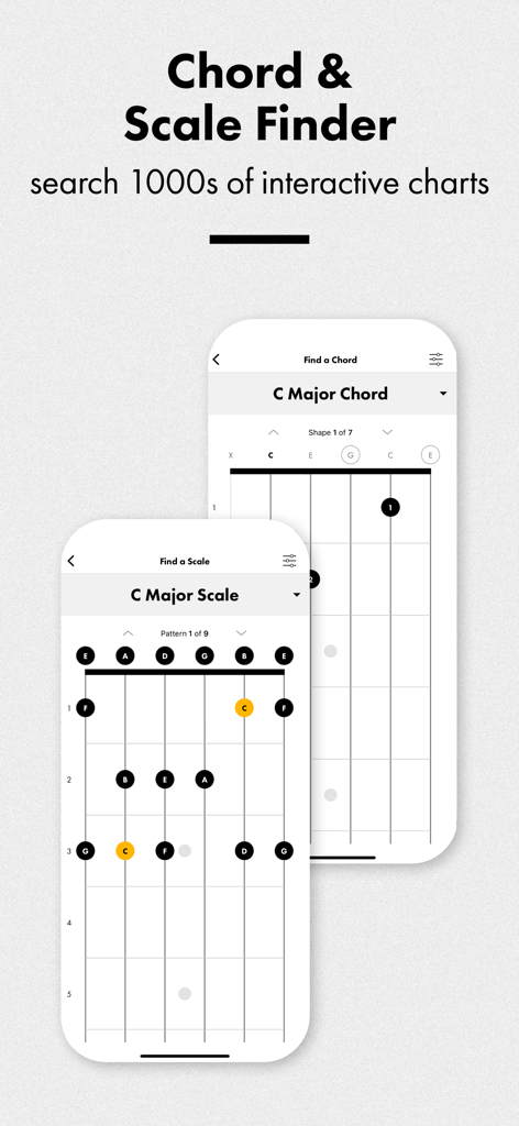 Fender Tune: Guitar Tuner App - Chord and scale finder feature in the Fender Tune app displaying interactive fretboard charts for guitar practice