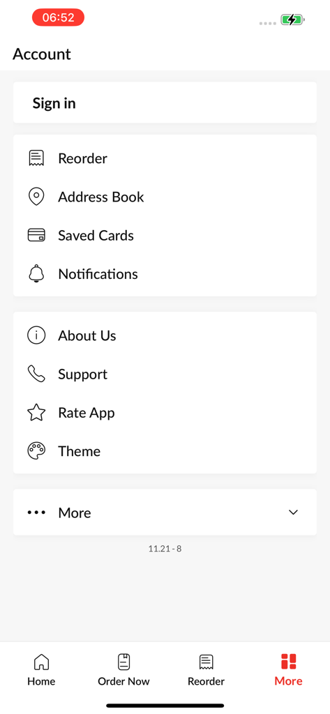 Menu de configurações da conta do aplicativo de pedidos de comida Mangal Turkish Cuisine