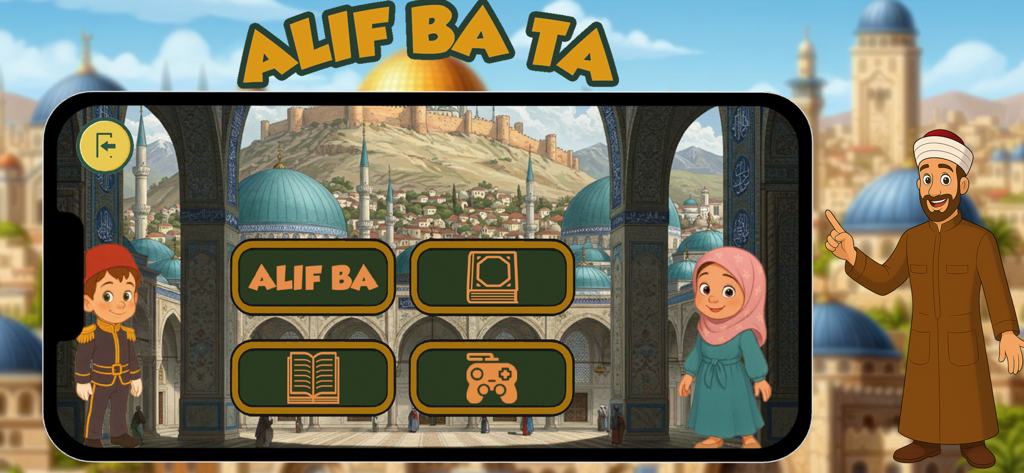 Alif Ba Ta app home screen with cartoon characters and educational menu options