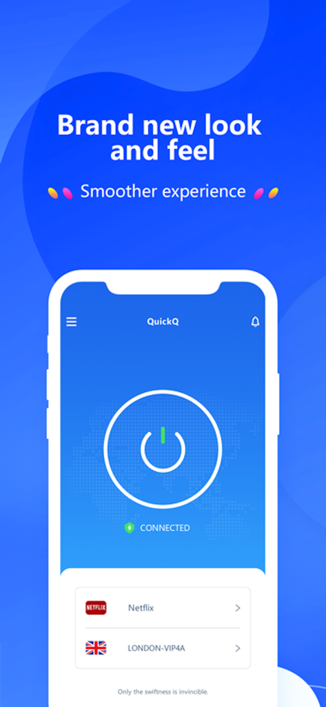 QuickQ VPN mobile App-Oberfläche auf einem iPhone, die einen erfolgreichen Verbindungsstatus und ein Menü zur Serverauswahl anzeigt.
