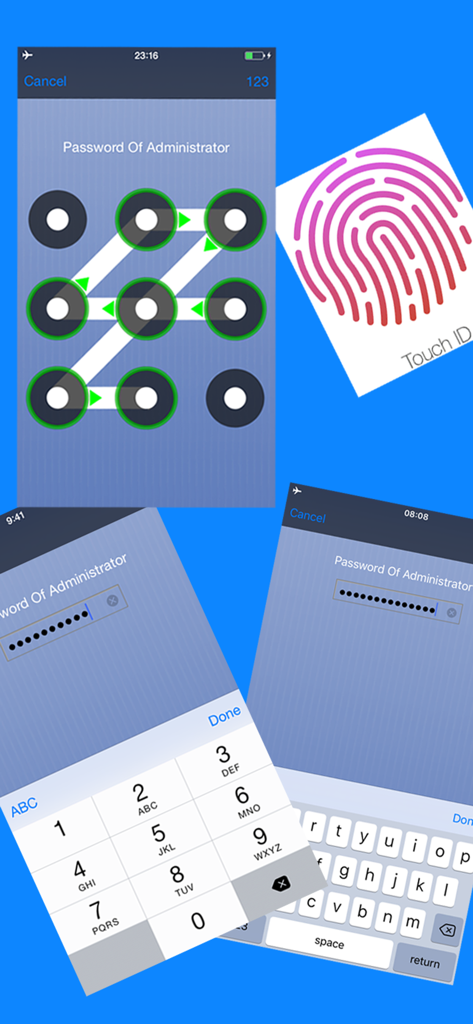 Secret Photo Vault Lock Photos - Interface do aplicativo mostrando senha de padrão e opções de desbloqueio por impressão digital para um cofre privado