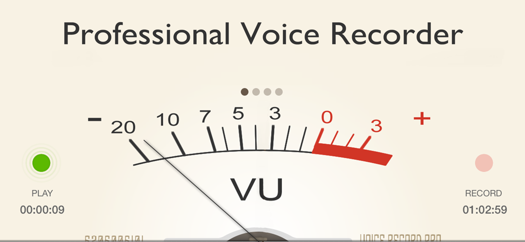 Voice Record Pro 7 - Analog style VU meter interface for professional voice recording with play and record indicators