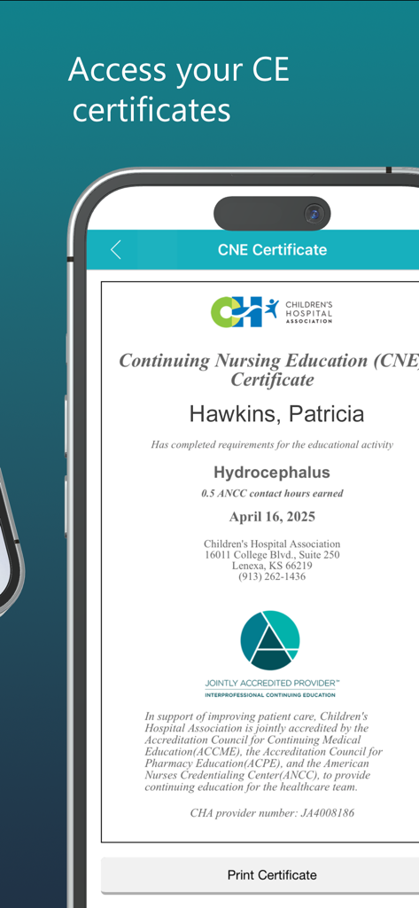 Pediatric Learning Solutions - A mobile screen from the Pediatric Learning Solutions app displaying a Continuing Nursing Education certificate for a medical professional
