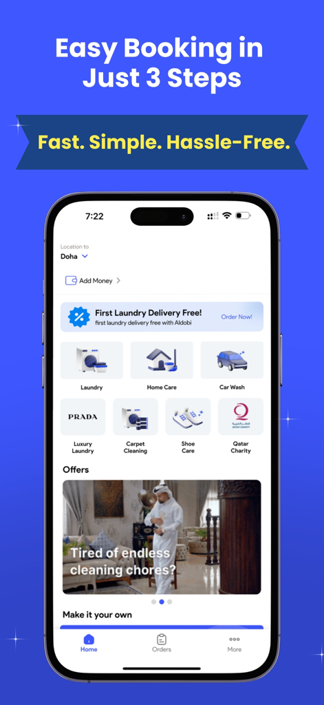 Aldobi: Laundry & Homecare - Aldobiモバイルアプリのホーム画面。ランドリー、ホームケア、洗車のサービスが表示されています。