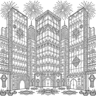 Bring the magic of Diwali to life with this intricate coloring page featuring modern glass skyscrapers beautifully adorned for the festival of lights. Discover a blend of urban architecture and traditional Indian artistry, perfect for a unique creative celebration.