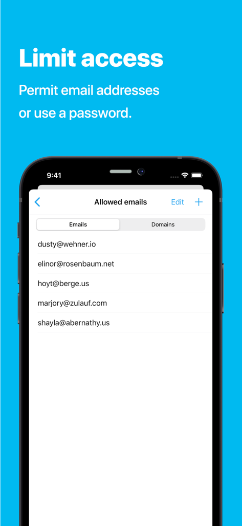 Pollie: Create Polls - Pollie app interface showing a list of allowed email addresses for restricted poll voting