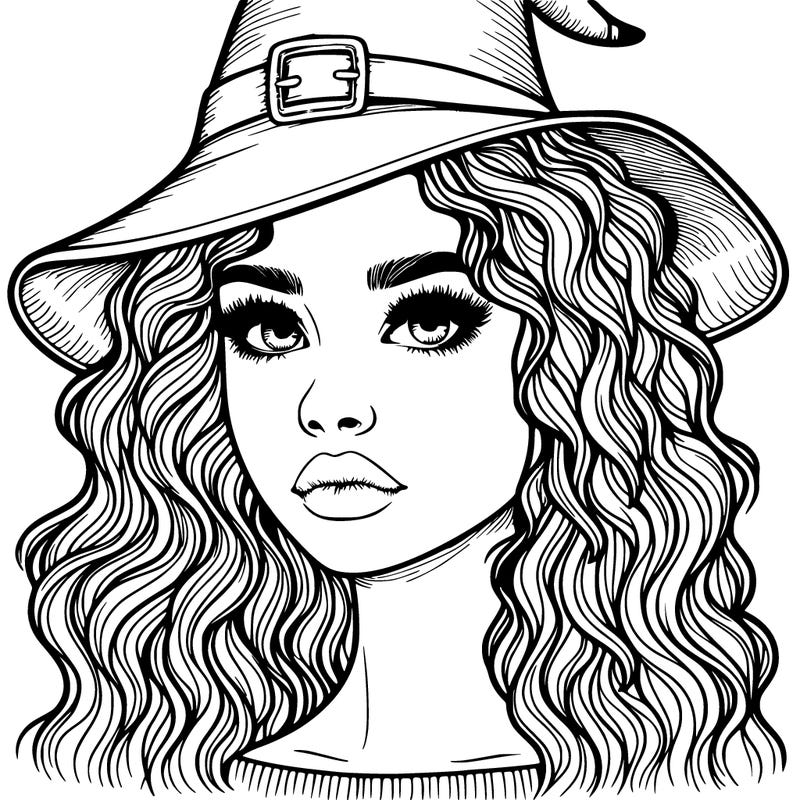 realistic girl with wavy hair a witch hat and a nose and lips and eyes