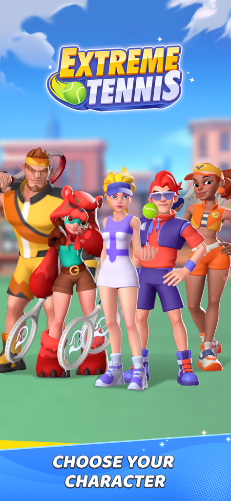 Extreme Tennis - Five stylized tennis characters on the Extreme Tennis character selection screen