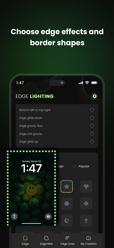 EDGE Lighting -LED Borderlight - Interface for choosing edge effects and border shapes in the EDGE Lighting app with a preview of a star border on an iPhone lock screen