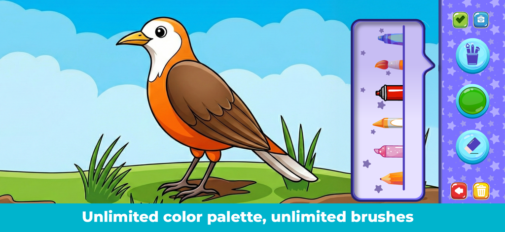 Drawing for Kids Coloring Book - Una página para colorear digital de un pájaro con varias herramientas de dibujo y pinceles para niños