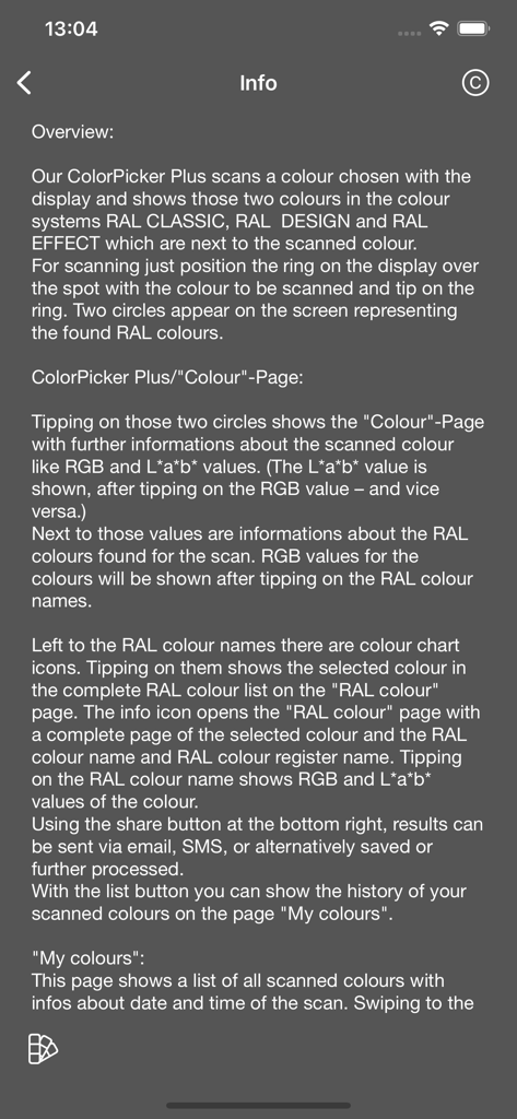 ColorPicker Plus - RALカラーシステムとスキャン機能について説明するColorPicker Plusの情報ページ