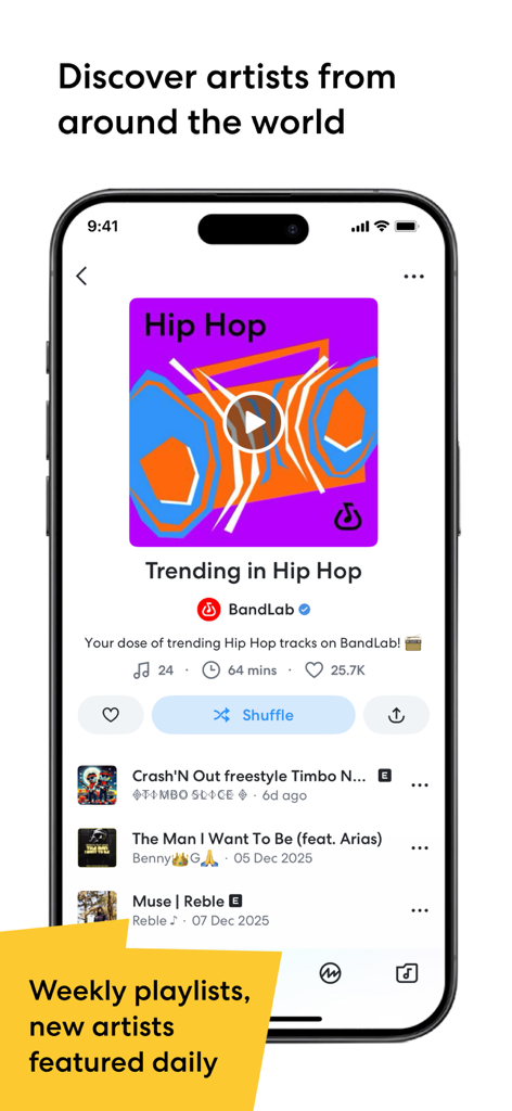 BandLab app interface showing a curated hip hop playlist and music discovery options.