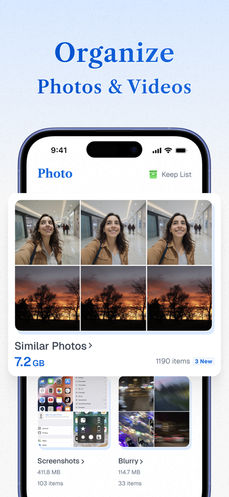 True Cleaner Mobile App-Oberfläche zeigt Optionen zur Organisation ähnlicher Fotos, Screenshots und unscharfer Bilder