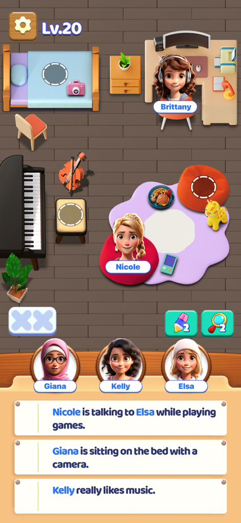 Arrange It! - Logic Puzzle - Logic puzzle gameplay screen showing character placement challenges with text clues in Arrange It