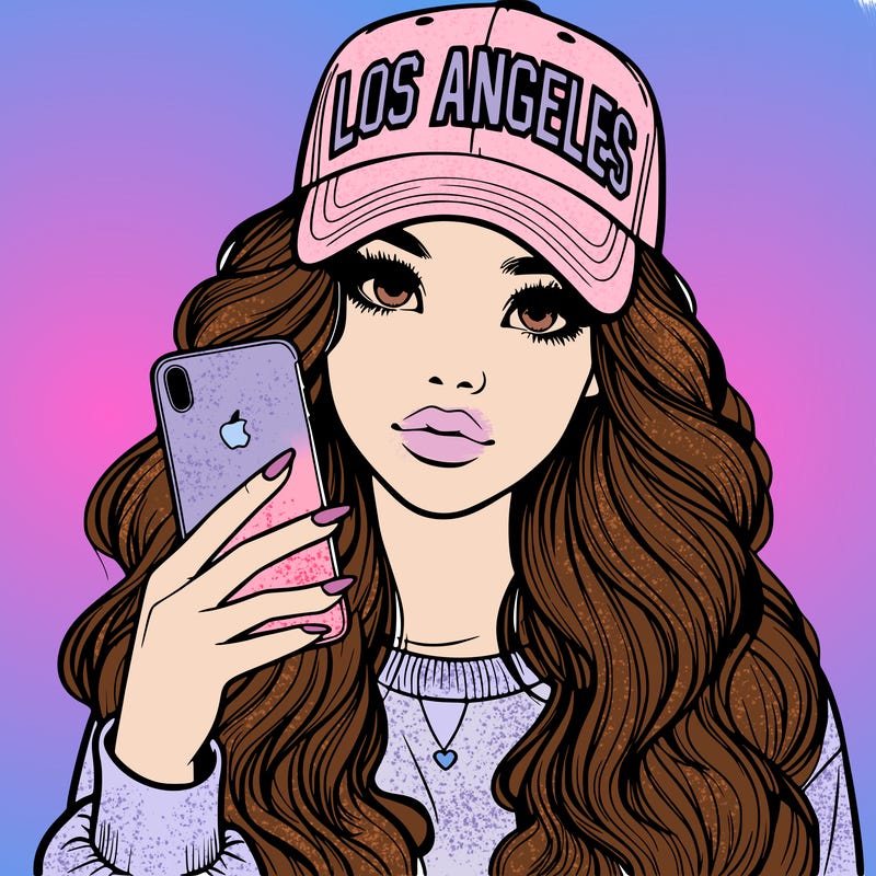 realistic beautiful girl wearing los ángeles cap holding an iphone