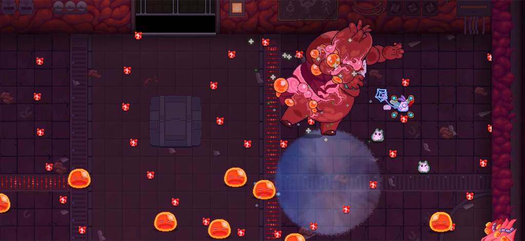 Bioweaver - Top-down combat scene in Bioweaver showing a battle against a massive fleshy boss and several orange slime enemies in an underground lab.