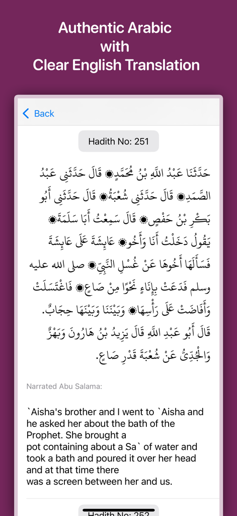 Sahih Bukhari By Imam Bukhari - Mobile app interface showing Sahih Bukhari Hadith 251 in Arabic and English.