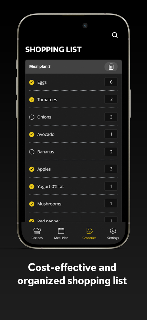 A mobile app screen showing an organized grocery shopping list with items like eggs, tomatoes, and fruit for a fitness meal plan.