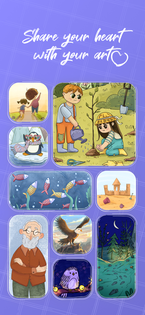 Tools & Brushes for Procreate - Un collage de coloridas ilustraciones digitales que incluyen niños, animales y paisajes