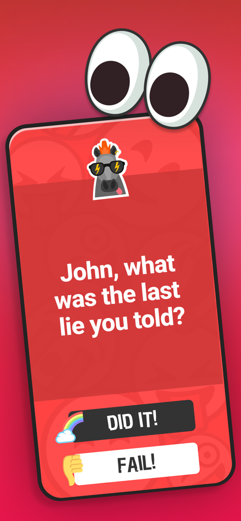 Truth or Dare app interface showing a truth question for a player named John asking about the last lie he told