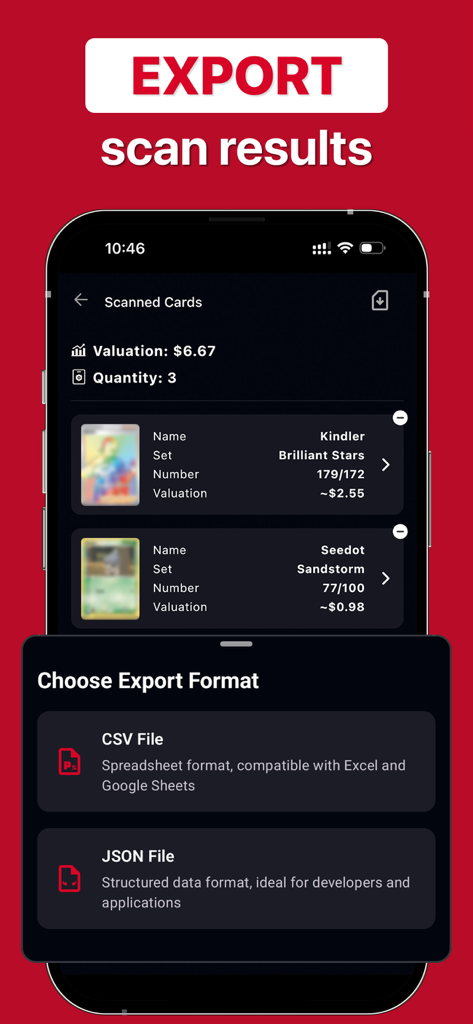 MonPrice: Card Value Scanner - Uno schermo mobile che mostra le opzioni per esportare i risultati delle carte collezionabili scansionate come file CSV o JSON.
