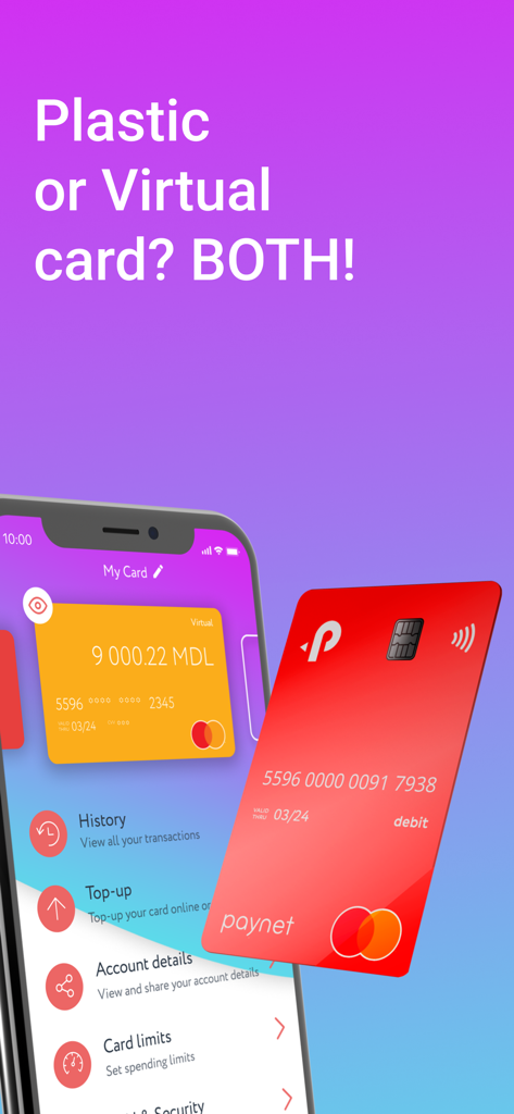 Paynet Wallet app interface on a smartphone screen showing virtual and physical Mastercard options.