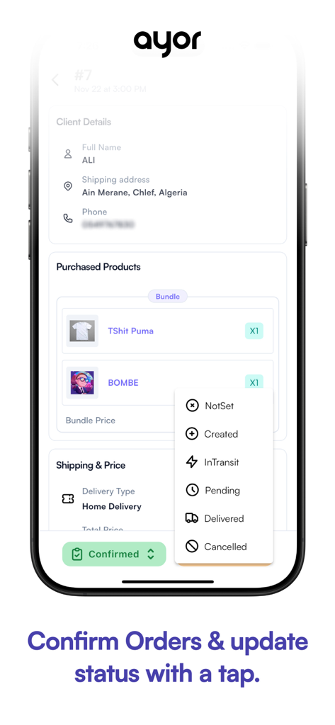 Pantalla de la aplicación móvil Ayor que muestra los detalles del cliente y un menú para actualizar el estado del pedido