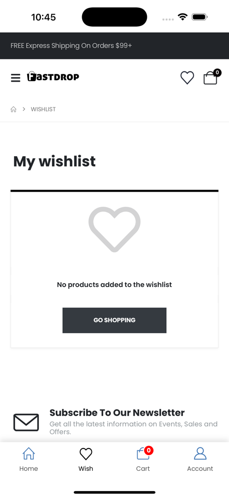 Página de lista de deseos vacía en la aplicación de compras FastDrop que muestra un icono de corazón y un botón para ir de compras.