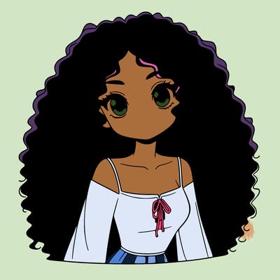 a black anime girl with long afro hair