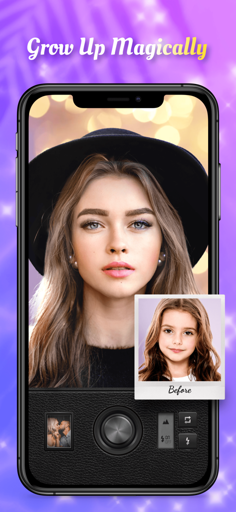Magic Cam - Face Photo Editor - Magic Cam app interface showing a facial aging filter transformation from a young girl to an adult woman