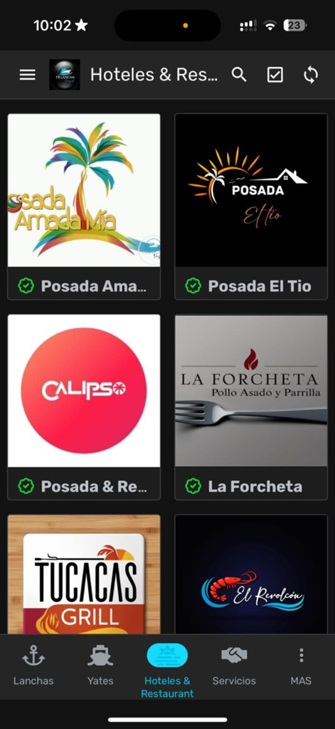 MIlanchaV - A list of hotel and restaurant booking options within the MIlanchaV mobile app