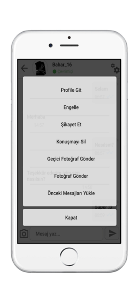 Elit İslami Evlilik Sitesi - Interface of the Elit Islami Evlilik app showing a chat menu with options for temporary photo sharing and privacy settings.