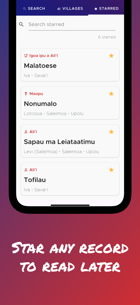 Captura de tela do aplicativo Faalupega mostrando uma lista de títulos honoríficos e registros samoanos favoritos