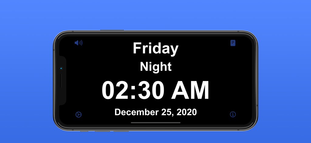 ShowTime Simple Clock Display - High-contrast digital clock display for seniors showing Friday Night at 2:30 AM with white text on a black background