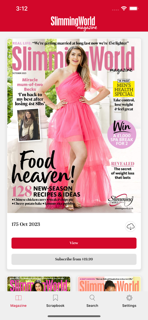 Slimming World Magazine - Slimming World Magazine mobile app interface showing the latest issue cover with recipes and healthy lifestyle tips