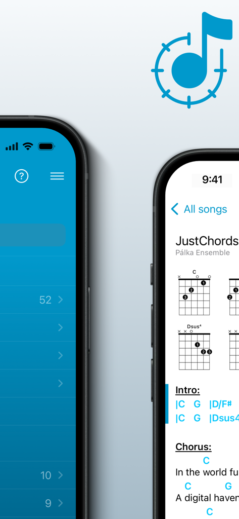 JustChords - JustChords mobile app displaying guitar chord diagrams and lyrics on a smartphone screen
