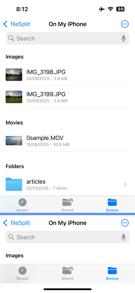 fileSplit app showing a dual-pane file browser on an iPhone screen
