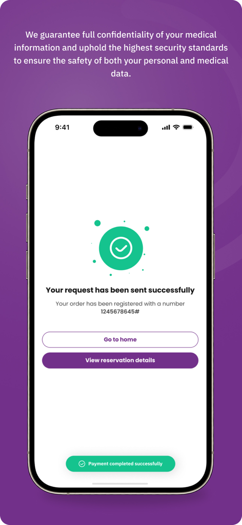 Refd | رفد - Refd app screenshot showing a successful appointment request and payment completion screen on an iPhone