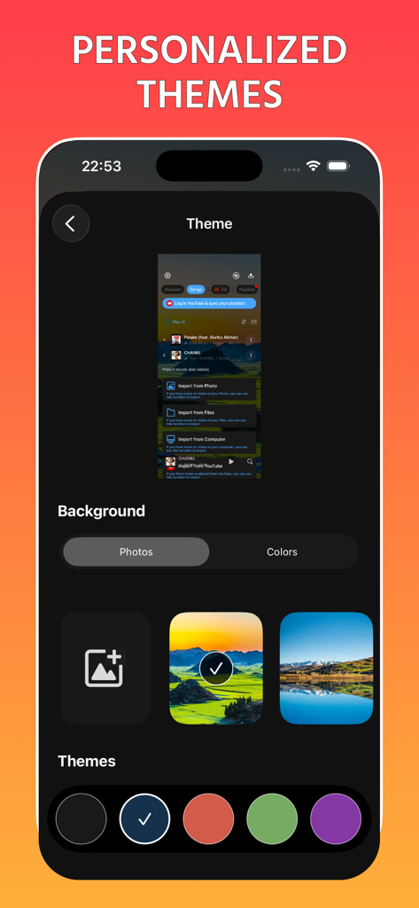 Offline Player: Music & MP3 - Offline Player app interface showing personalized theme and background color settings