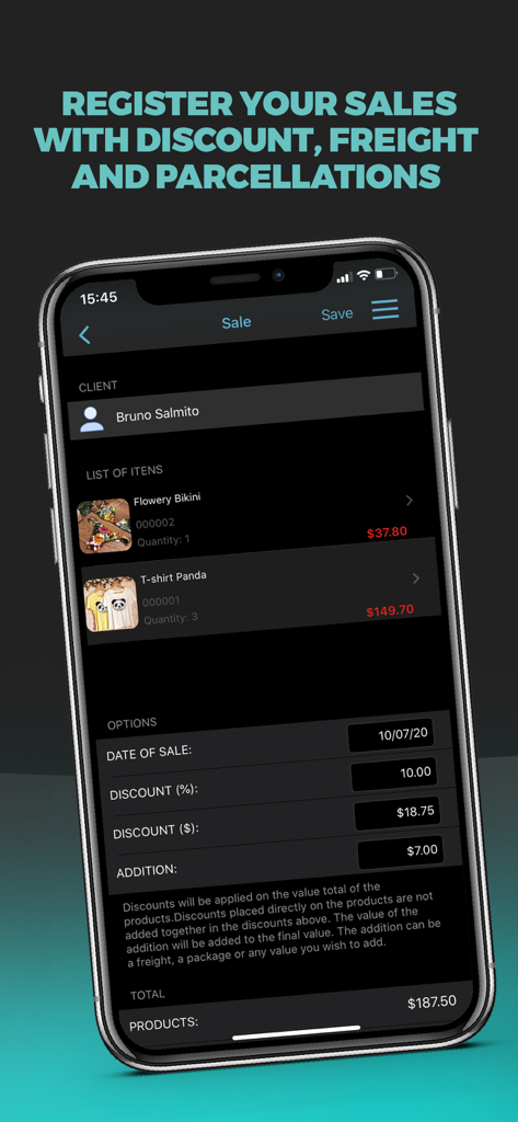 Mobile sales registration screen in My Loja Store showing products and discounts