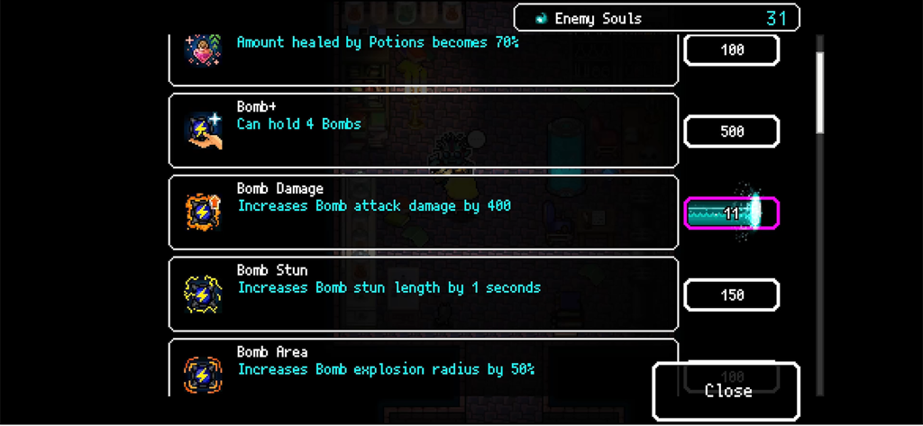 RASPBERRY MASH - Menú de mejoras de pixel art en Raspberry Mash con varias mejoras de bombas y habilidades de pociones