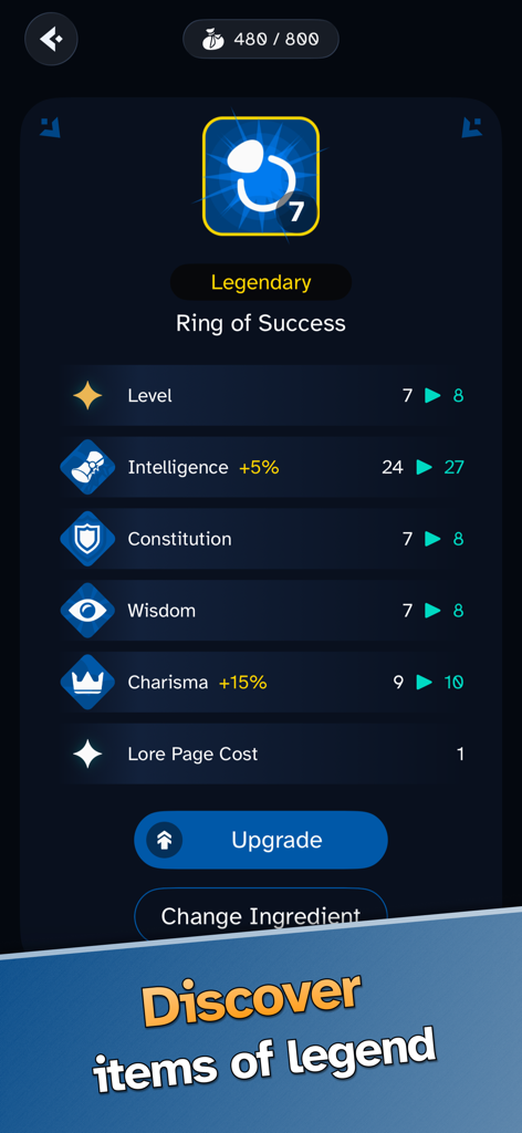 Screen showing stats and upgrade options for a legendary Ring of Success in Land of Livia