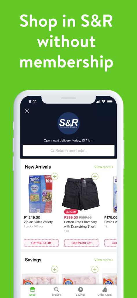 MetroMart: #1 Grocery Delivery - MetroMart app interface showing the ability to shop at SNR without a membership