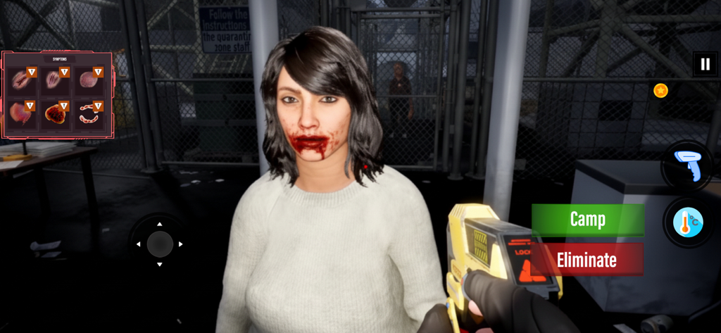 Gameplay à la première personne de scan d'une personne suspectée d'être infectée pour les symptômes dans une zone de quarantaine