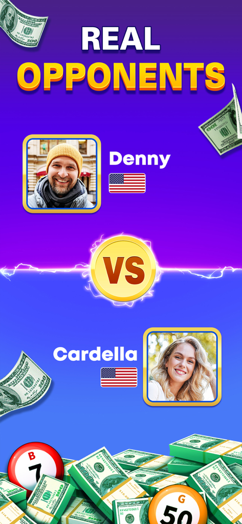 Bingo Cash: Win Real Money - 1v1 competitive match screen showing real opponents in Bingo Cash