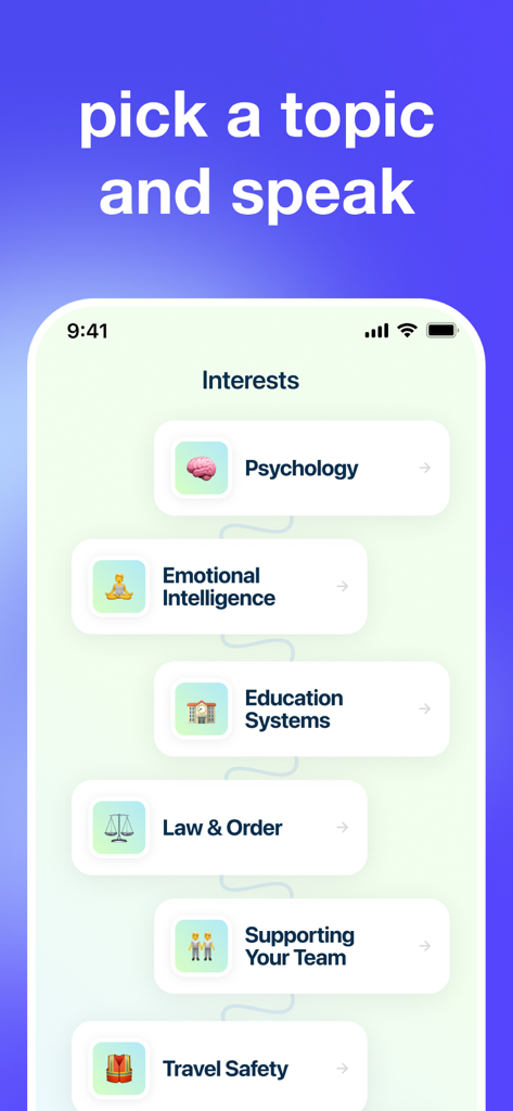 Speals AI - Language Learning - Speals AI App-Oberfläche mit einer Liste von Gesprächsthemen wie Psychologie und Emotionale Intelligenz für Englisch-Sprechübungen.