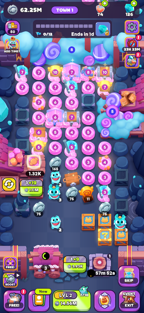 Candy Critters: Idle Merge - A gameplay screenshot of Candy Critters showing blue Chomplets clearing pink candy blocks in Sweetopia.