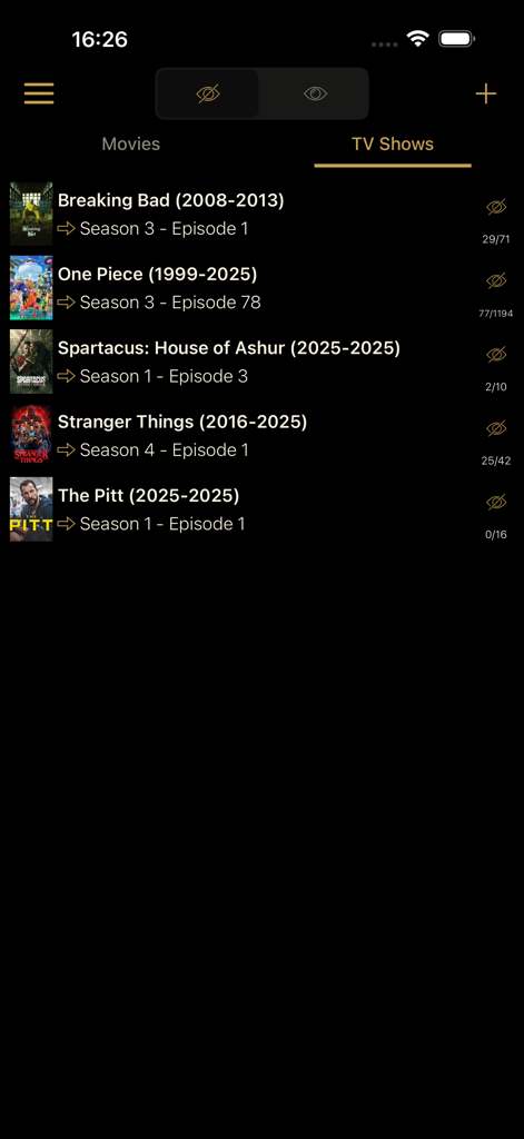 Watched TV: Movies & TV Shows - Interfaz de la aplicación móvil que muestra una lista de series de televisión con el progreso del seguimiento de episodios